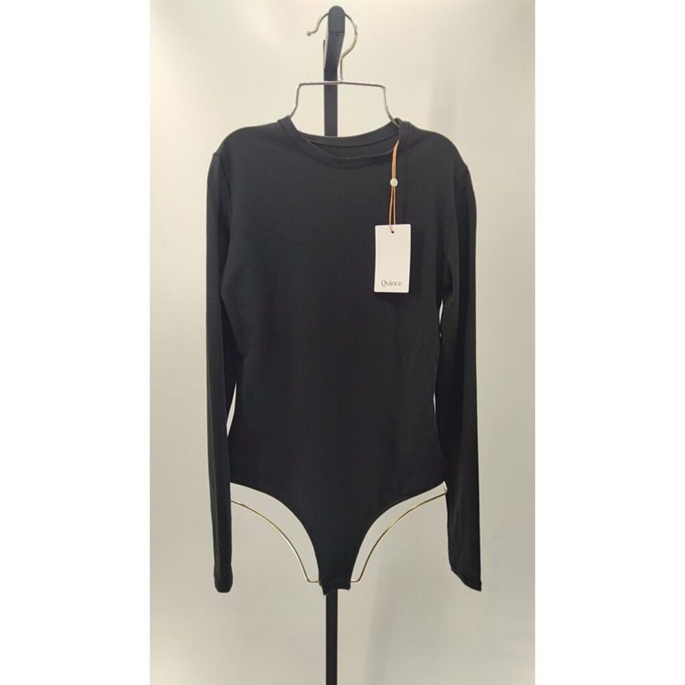 Quince Womens Stretch Cotton Jersey Long Sleeve Bodysuit Black Sleeved Top M